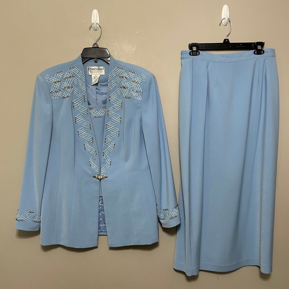St. Anthony Women's Skirt Suit Set Blue Beaded Embellished Formal Casual Evening - Picture 1 of 16